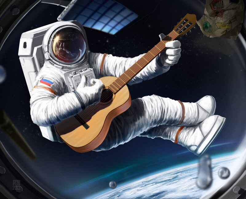 Astronaut Playing Guitar — White, Serene