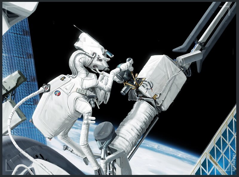 Astronaut repairing satellite