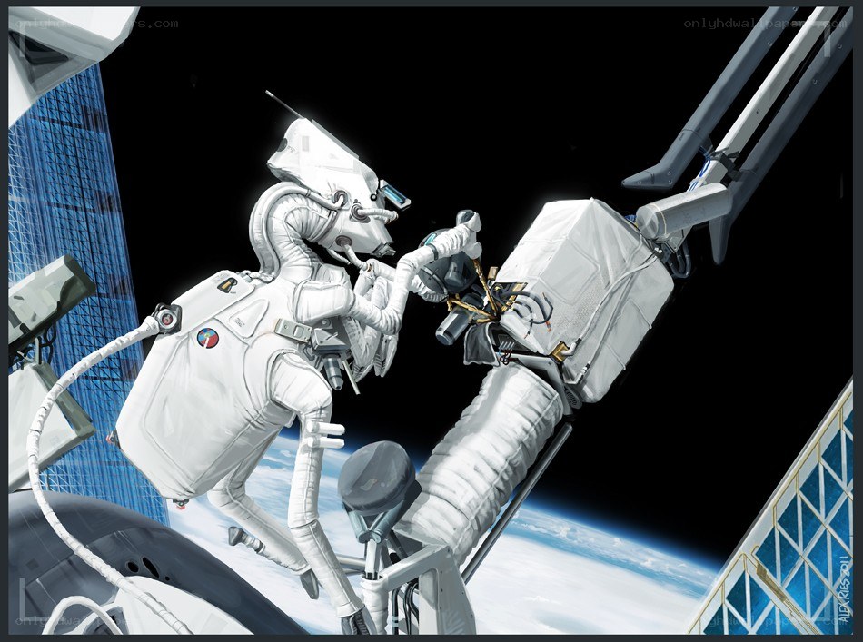 Astronaut repairing satellite