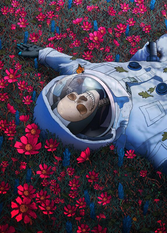 Astronaut Skull in Flowers — Red