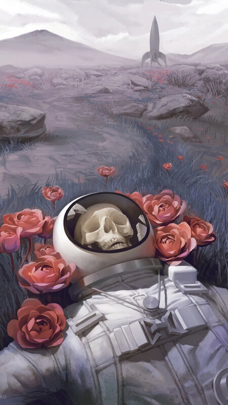 Astronaut Skull in Flowers