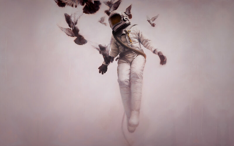 astronaut surrounded by birds