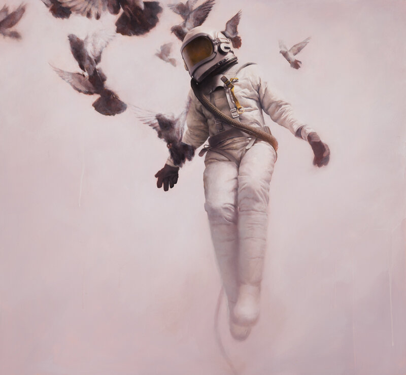 Astronaut surrounded by birds