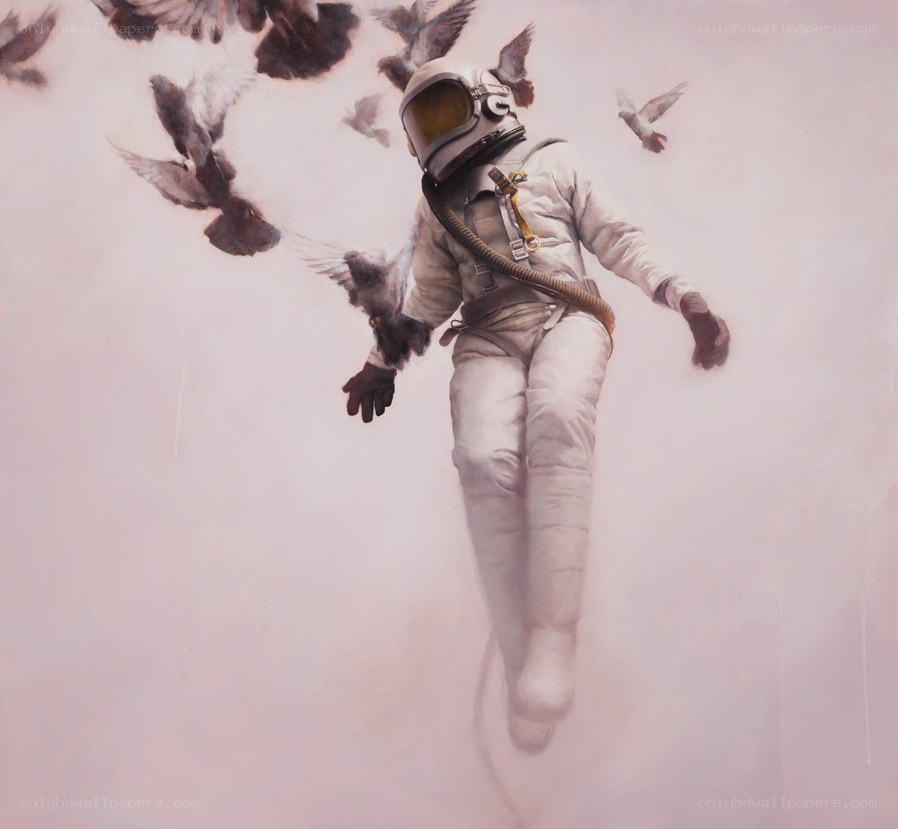 Astronaut surrounded by birds