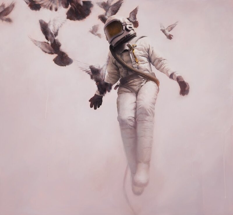 astronaut surrounded by birds