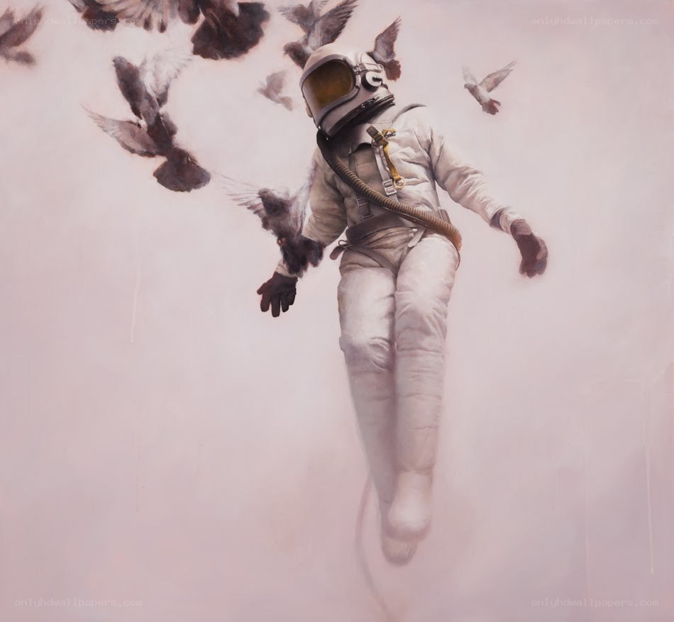 astronaut surrounded by birds