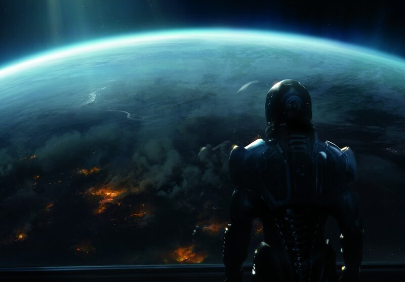 astronaut views burning planet