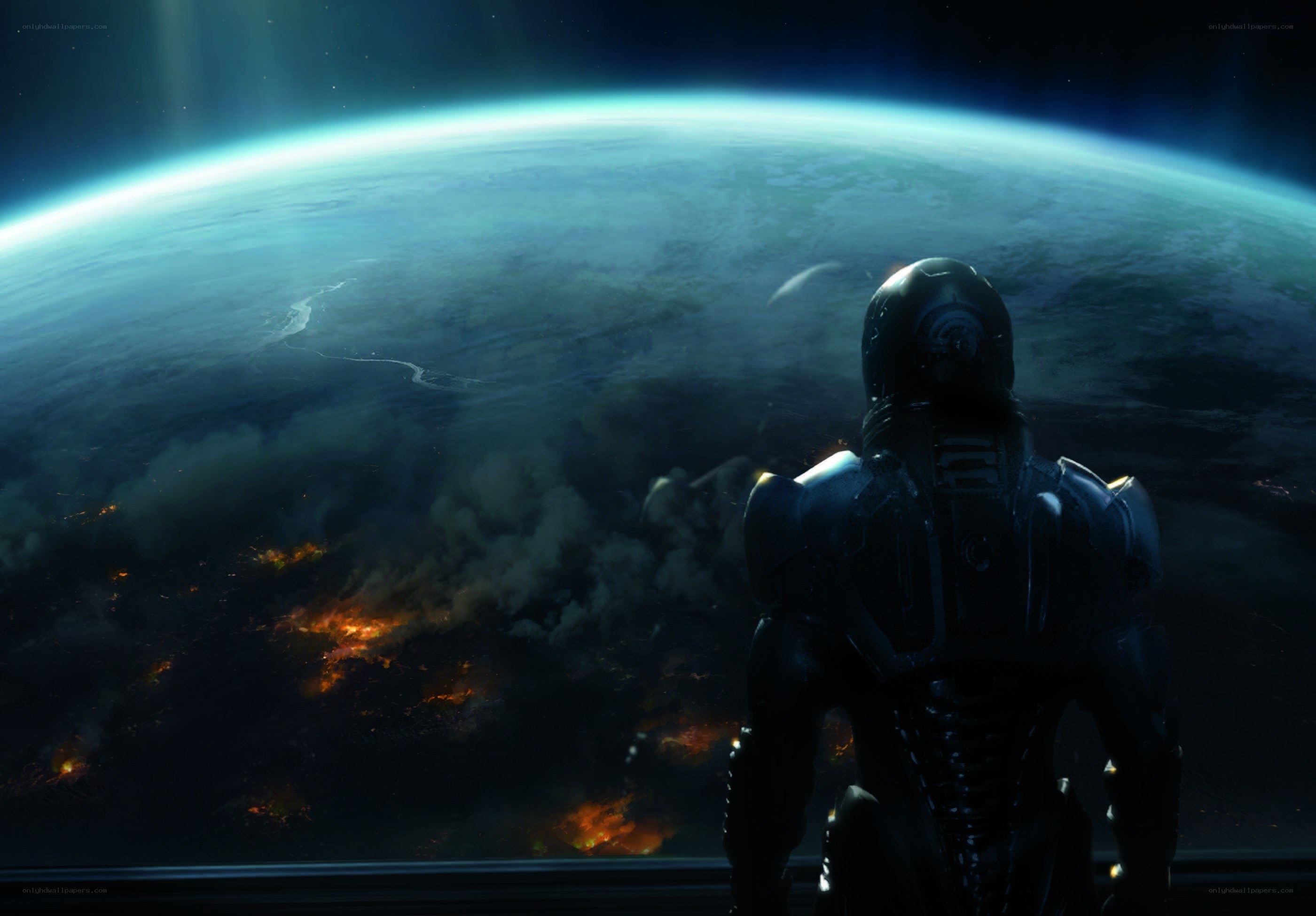 astronaut views burning planet