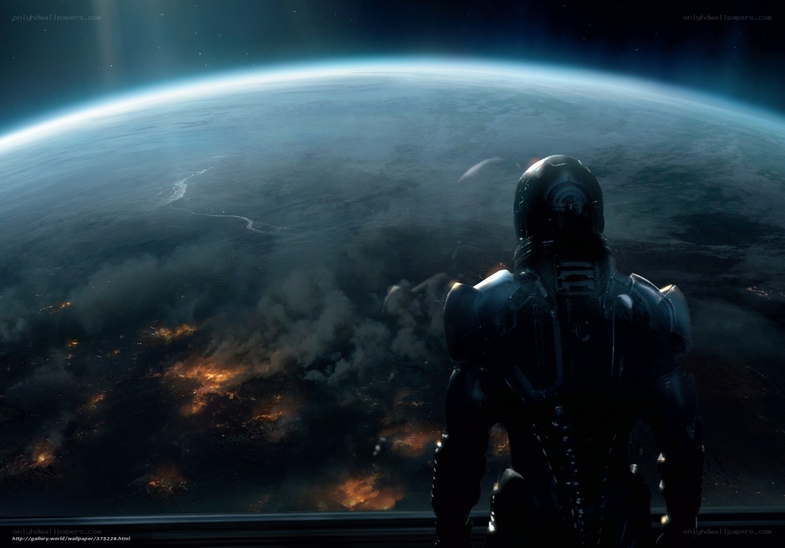 Astronaut views burning planet