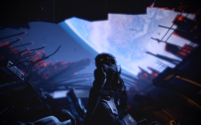 astronaut views planet from wreckage