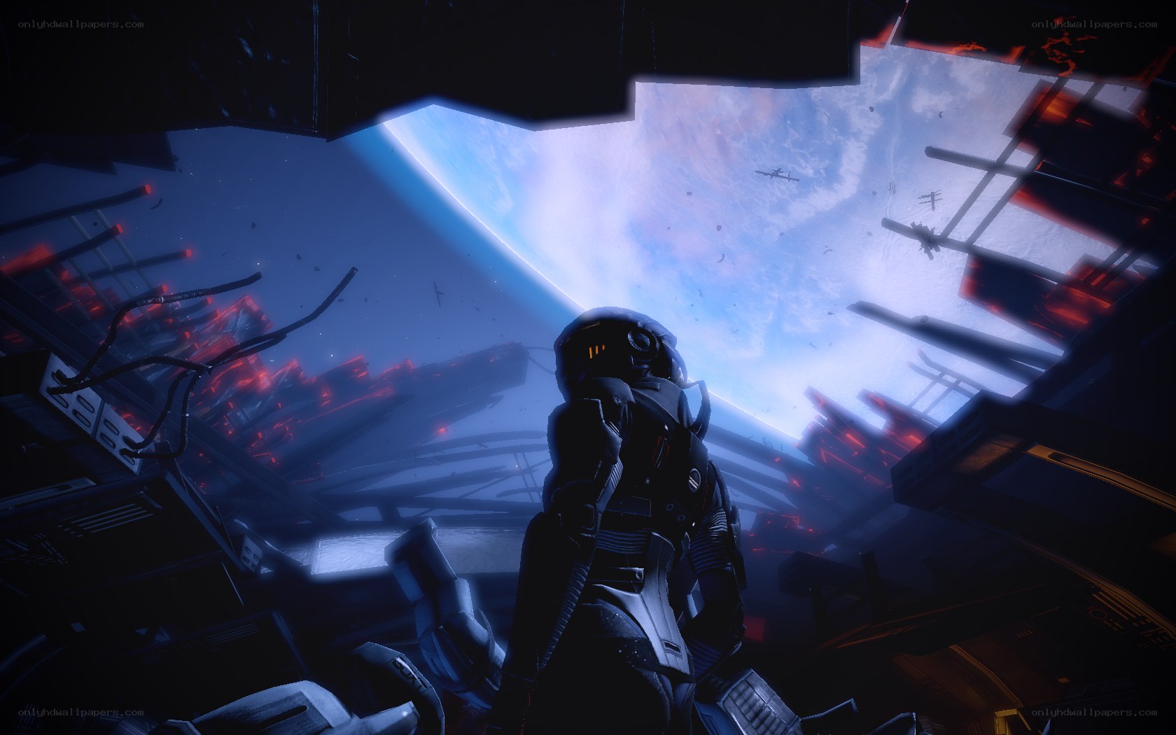 astronaut views planet from wreckage