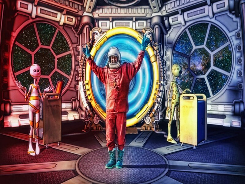 astronaut with aliens in spaceship