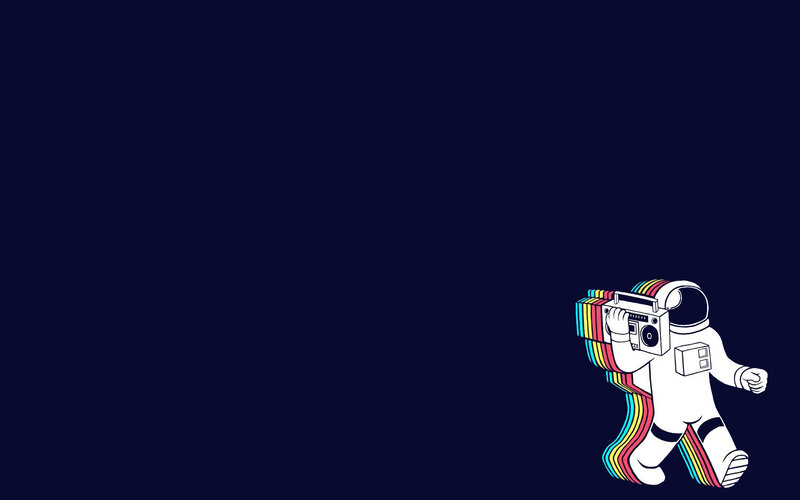 Astronaut with Boombox — Blue, Playful, Illustration, Rainbow Stripes, Space Suit