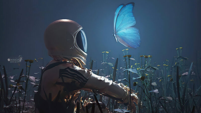Astronaut with Butterfly — Blue