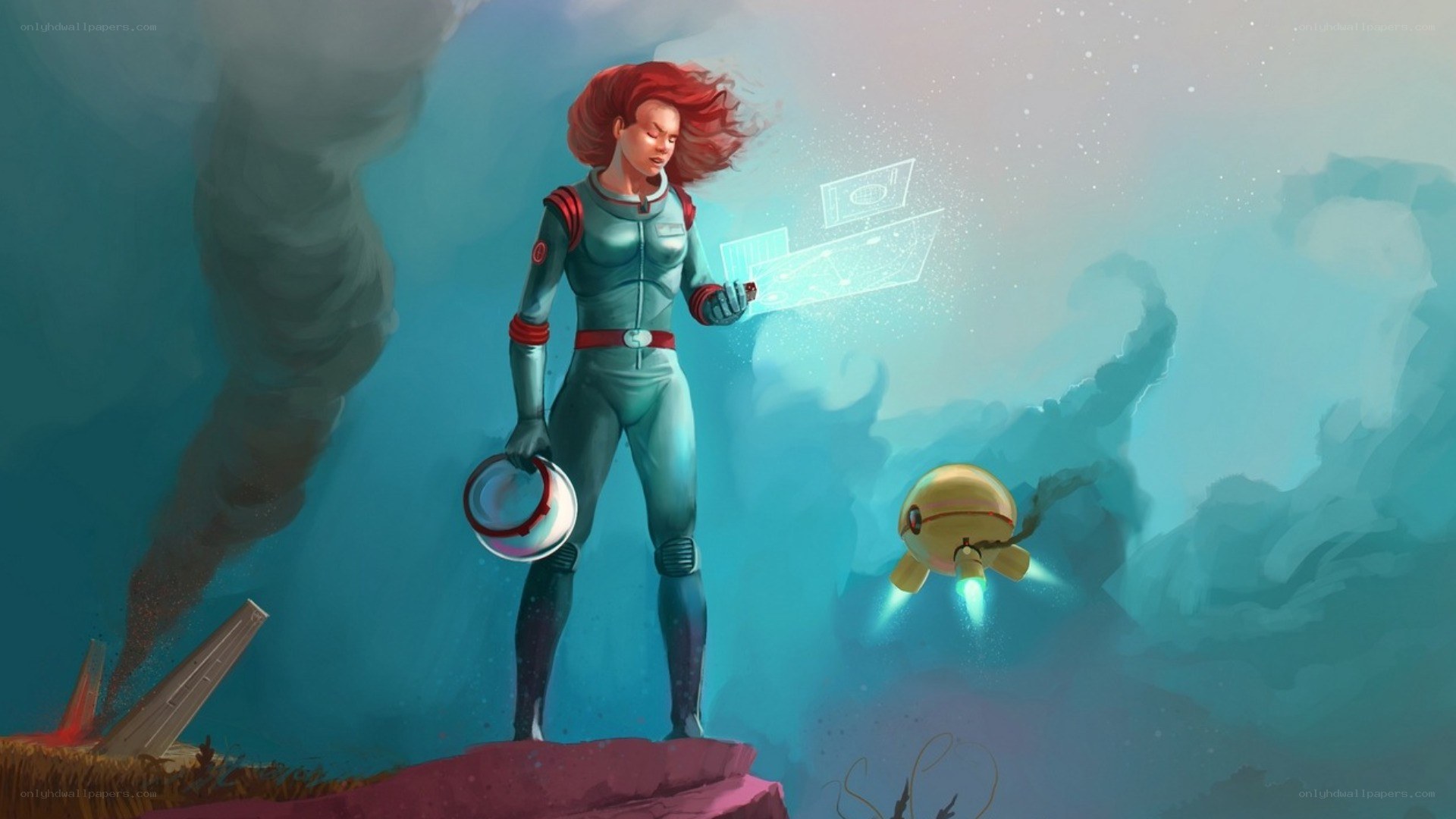 Astronaut with drone on alien planet