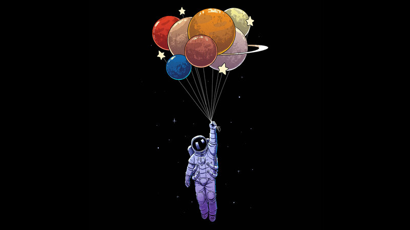 Astronaut with Planet Balloons — Black