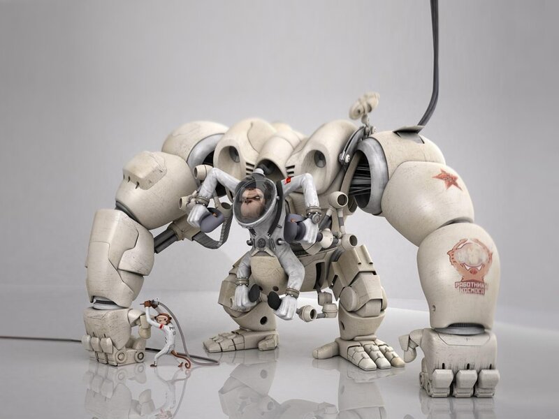 astronaut with robot and monkey