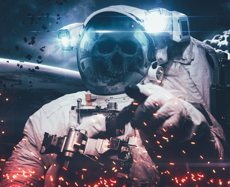 Astronaut with Skull Helmet — White, Dramatic