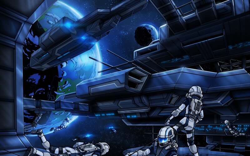 Astronauts in Space — Blue, Dramatic, Night, Digital Art, Spaceship