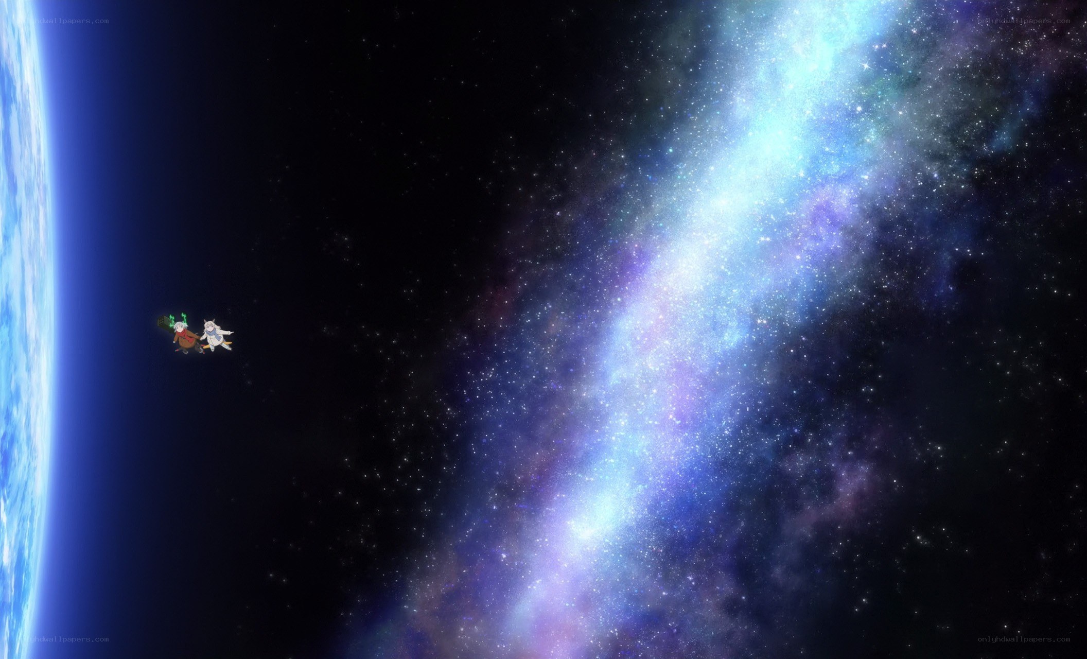 astronauts in space near galaxy