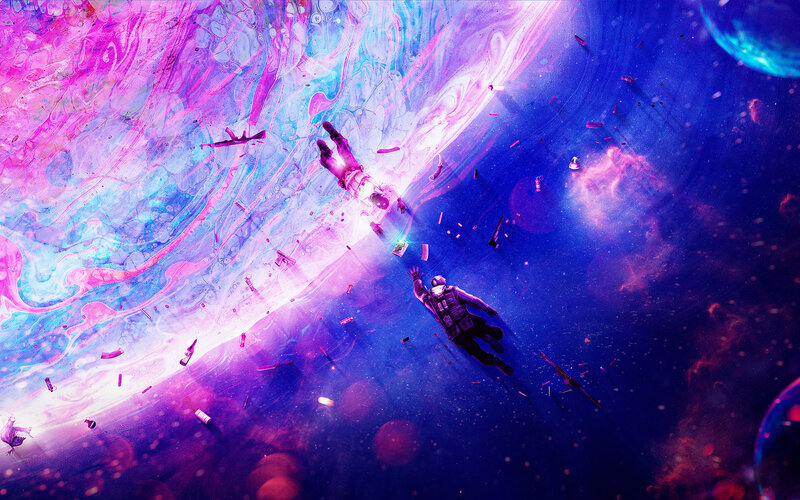 Astronauts in Space — Purple, Dramatic, Digital Art