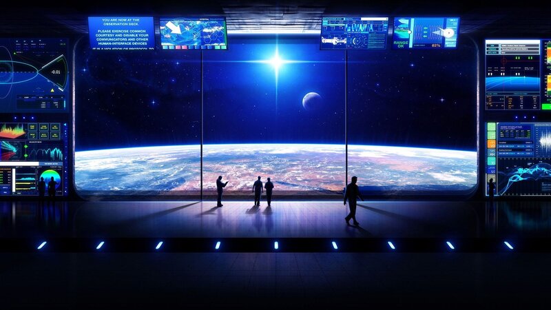 Astronauts in Space Station — Blue, Dramatic, Night, Digital Art, Earth, Moon, Control Panels