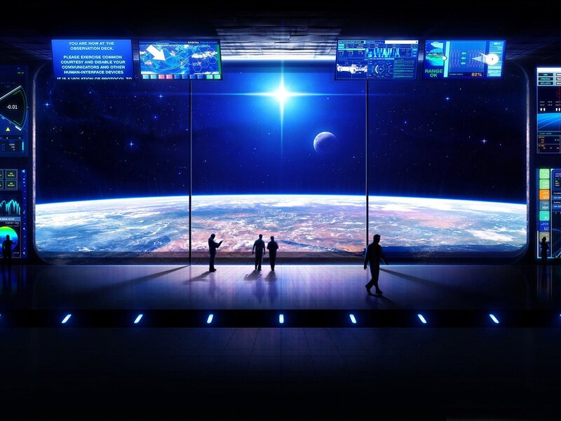 Astronauts in Space Station — Blue, Dramatic, Night, Digital Art, Earth, Moon