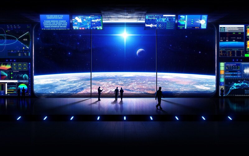 Astronauts in Space Station — Blue, Dramatic, Night, Digital Art, Earth View, Control Panels