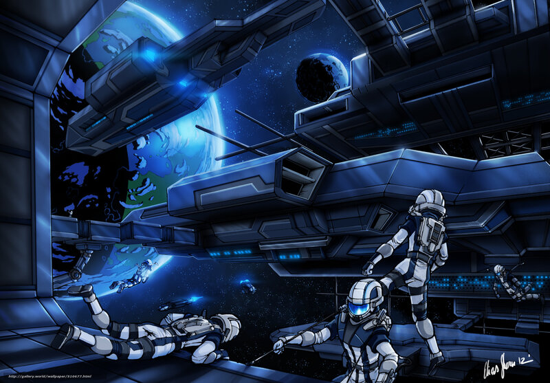 Astronauts in Space Station — Blue, Dramatic, Night, Digital Art, Planet