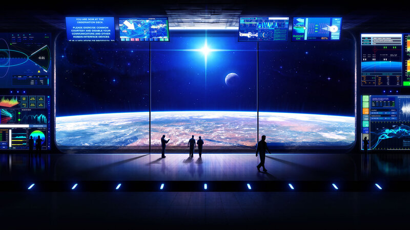 Astronauts in Space Station — Blue, Dramatic, Night, Digital Art
