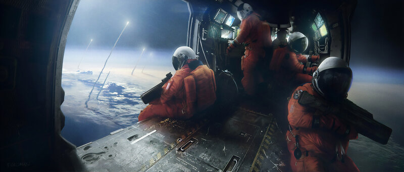 Astronauts in Spacecraft — Orange, Dramatic