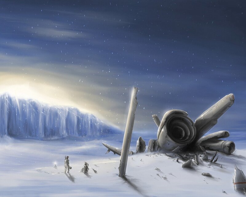 Astronauts Near Crashed Ship