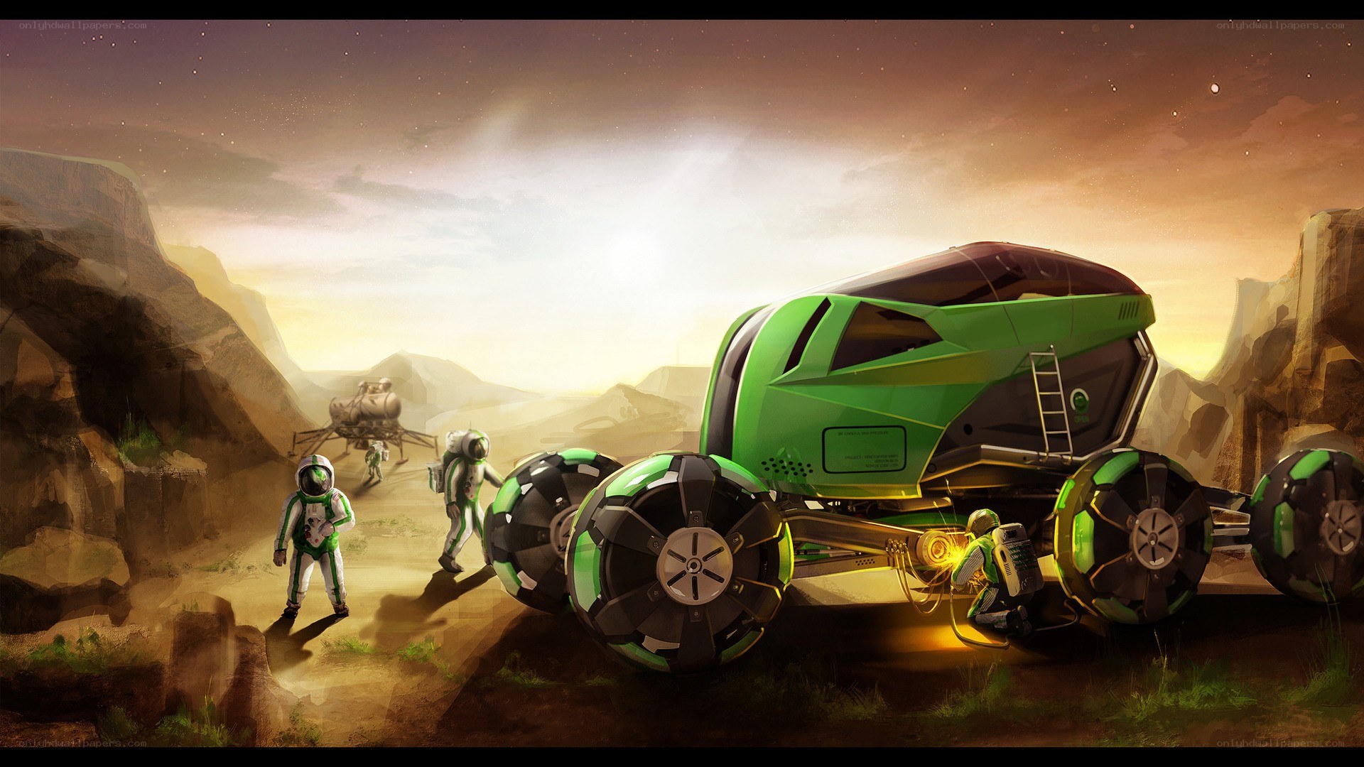 Astronauts on a green rover
