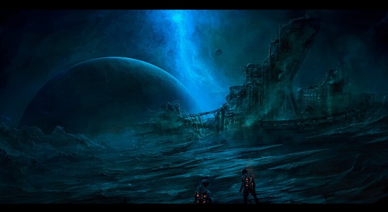 Astronauts on Alien Planet — Blue, Dramatic, Night, Digital Art