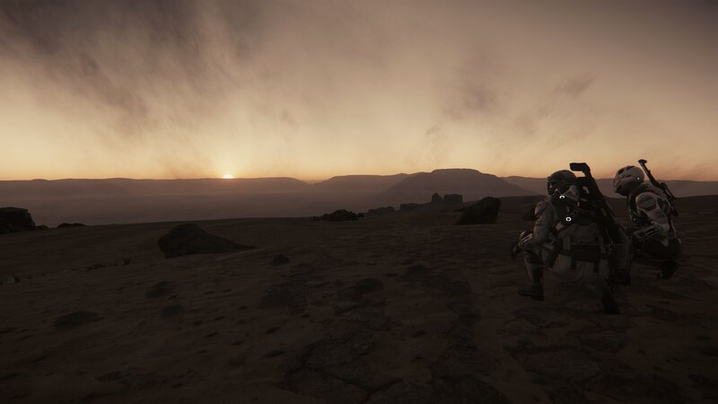 Astronauts on Alien Planet — Brown, Desolate, Sunrise