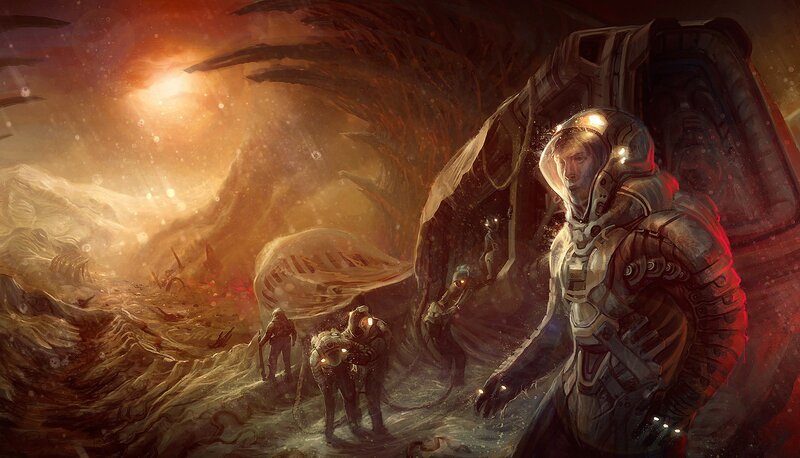 Astronauts on Alien Planet — Brown, Dramatic, Sunset, Digital Art