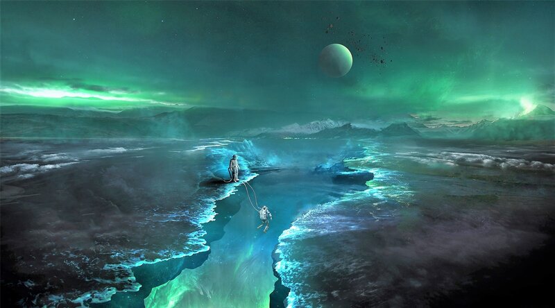 Astronauts on Alien Planet — Green, Dramatic, Night