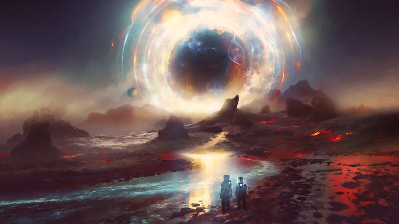 Astronauts on Alien Planet — Red, Dramatic, Digital Art, Black Hole