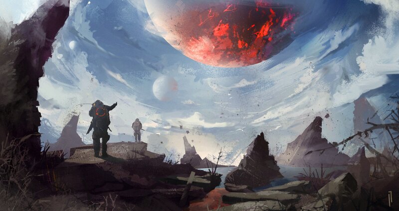 Astronauts on Alien Planet — Red, Dramatic, Digital Art