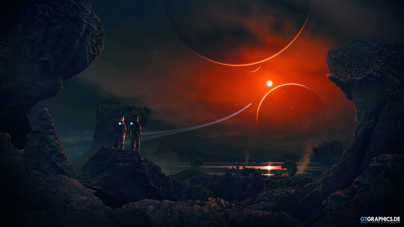 Astronauts on Alien Planet — Red, Dramatic, Night, Digital Art
