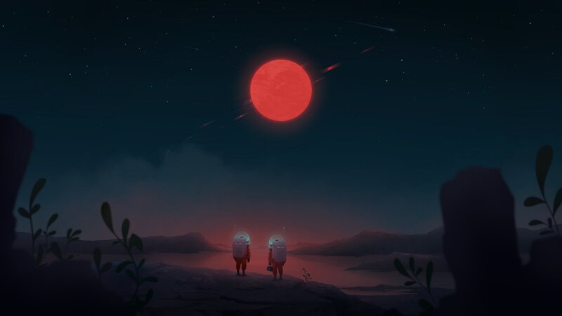 Astronauts on Alien Planet — Red, Serene, Night