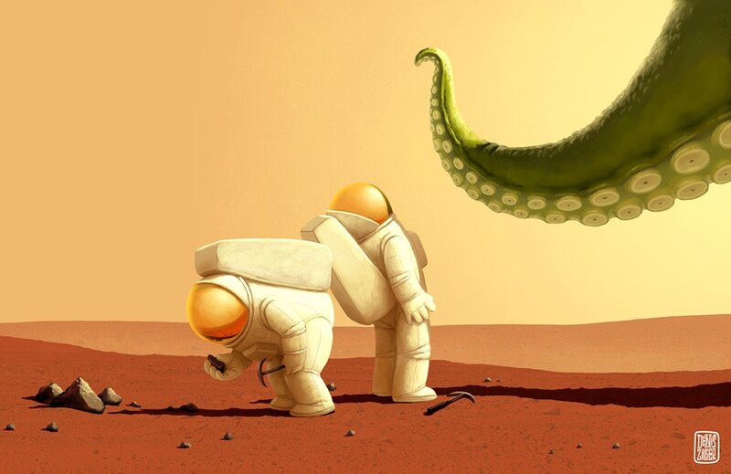 Astronauts on Mars with tentacle