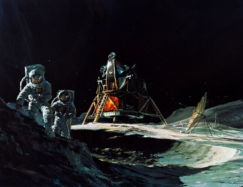 Astronauts on Moon — Black, Dramatic, Night, Illustration