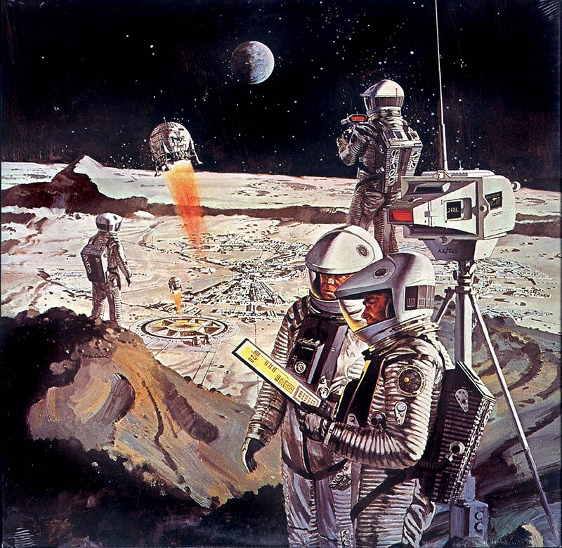 Astronauts on Moon — Gray, Dramatic, Night, Illustration, Spacecraft