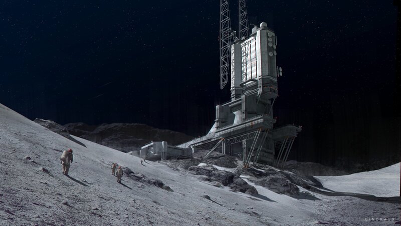 Astronauts on Moon Surface — Gray, Dramatic, Night, Digital Art