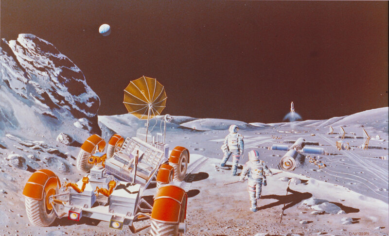 Astronauts on Moon Surface — Gray, Dramatic, Night, Illustration