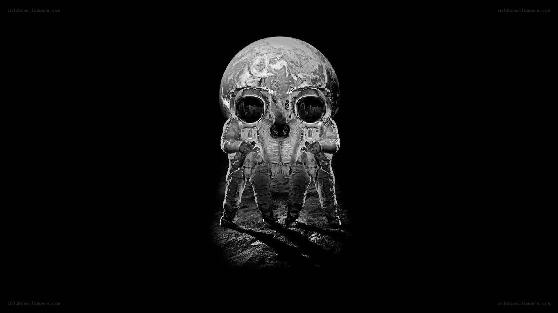 astronauts on moon with earth skull
