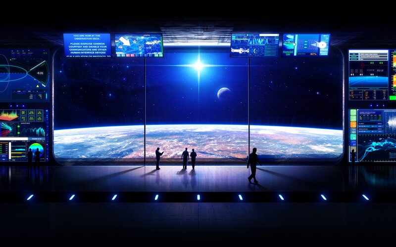Astronauts on Observation Deck — Blue, Dramatic, Night, Digital Art