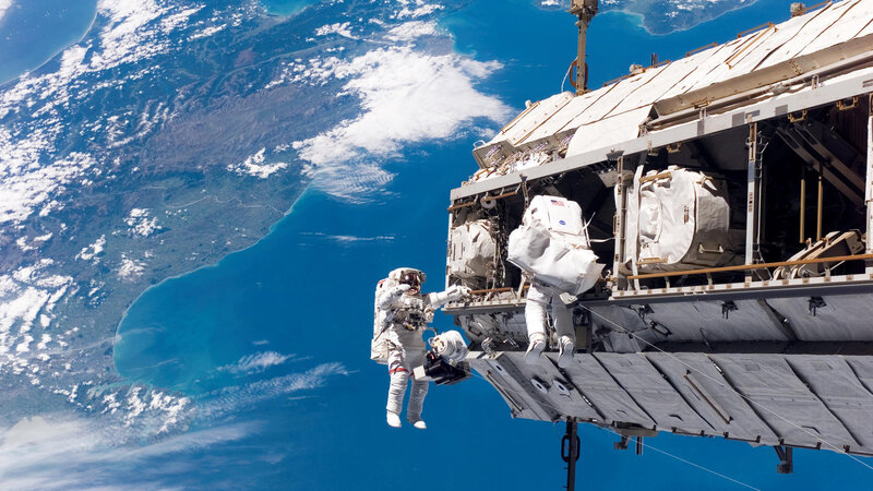 Astronauts on Spacewalk — Blue, Dramatic, Photograph, Space Station, Earth, Spacesuits