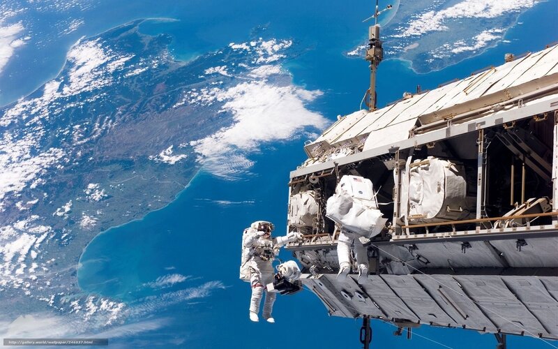 Astronauts on Spacewalk — Blue, Dramatic, Photograph, Space Station